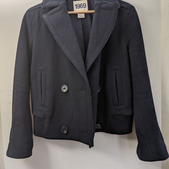 Gap thick Wool blend double breasted bomber coat Indigo Blue sz M bell s… - Picture 4 of 12